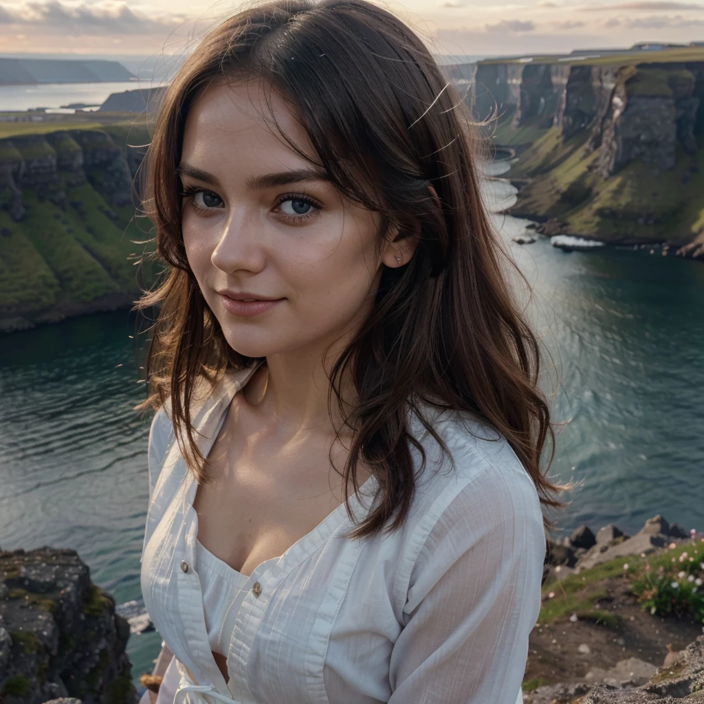 RAW, photograph,((best quality)), ((masterpiece)), ((realistic)), gorgeous icelandic woman, icelandic woman with all her features and characteristics, standing upright on the edge of a cliff, with a stunning view of a icelandic fjord below, (she’s wearing typical icelandic clothing), in the sunset light, smiling, innocent, (freckles:0.6), intricate details, highly detailed, sharp focus, professional, 4k, god rays, delicate, innocent, highres, detailed facial features, high detail, sharp focus, smooth, aesthetic, extremely detailed, photo_\(ultra\), photorealistic, realistic, post-processing, max detail, roughness, real life, ultra realistic, photorealism, photography, 8k uhd, photography, SEMI-SILHOUETTE light, instagram, viral instragram photo