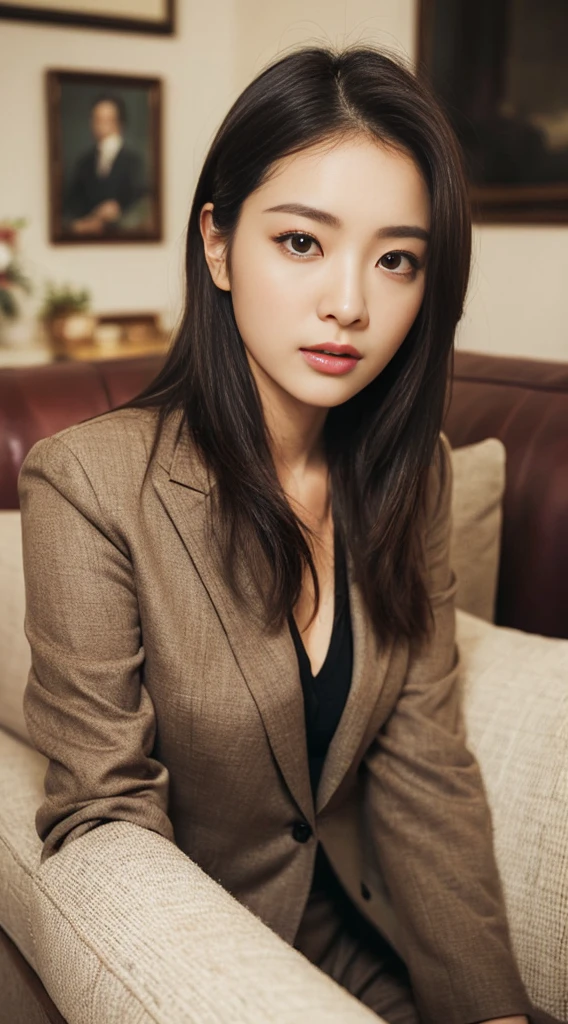 ((Highest quality、8k、masterpiece:1.3))、((Sales Lady:1.3))、Sharp Focus:1.2、(Beautiful Japanese Actresses:1.4)、round face、(Beautiful woman with perfect style:1.4)、((High-class drawing room:1.2))、((Description on sale:1.2))、23 year old、(Insurance Shop:1.2)、((Brown medium hair、Big boobs:1.2))、(neat suit:1.4)、(Sit on the sofa:1.2)、((Name 2[;\s :1.4))、Highly detailed face and skin texture、Gentle expression、Detailed Eye、double eyelid、((The background is quite blurred..4))、