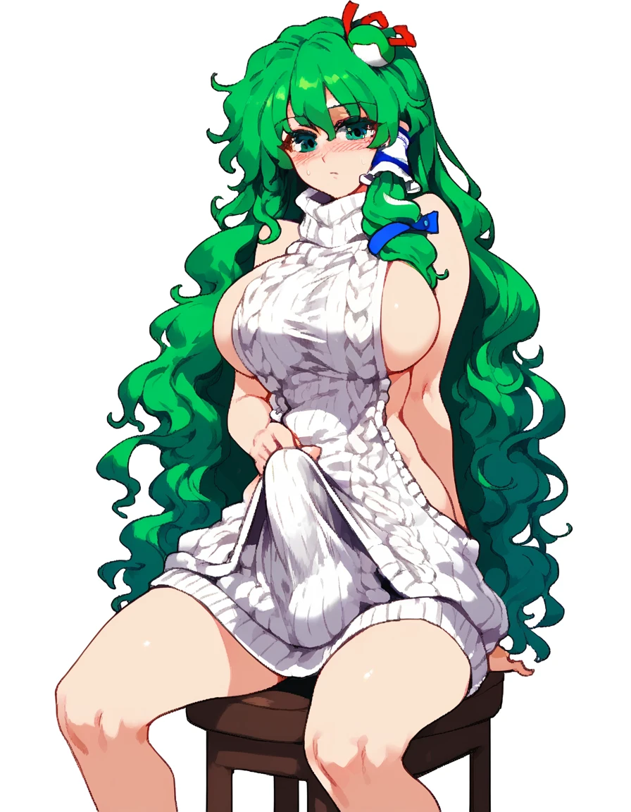 Expressive, score_9, score_8_up, score_9_up, Touhou, masterpiece, high quality, highly detailed, 1girl, kochiya sanae, solo, green hair, long hair, green eyes, long hair, big breasts, blush, round breasts,,,,,, frog hair ornament, hair tubes, snake hair ornament,,,, thin waist, sit on stool, white background,, virgin killer sweater, futanari, big penis under clothes
