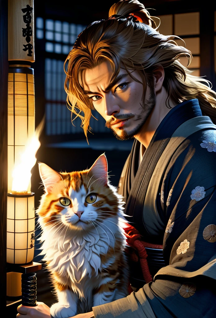 A Rogue samurai [Himura Kenshin:Takeru Satoh:0.1], detailed face, detailed hair, with a content face, sharpens his katana sword, beside him is big ginger mainecoon cat with beautiful fur, watch him with full caution, they both in a traditional Edo Era peasant house, insanely intricate detailed scene background, night lighting with lampions and torch, realistic style, best quality, masterpiece, ultrasharp focus, ultrahigh resolution, 8k