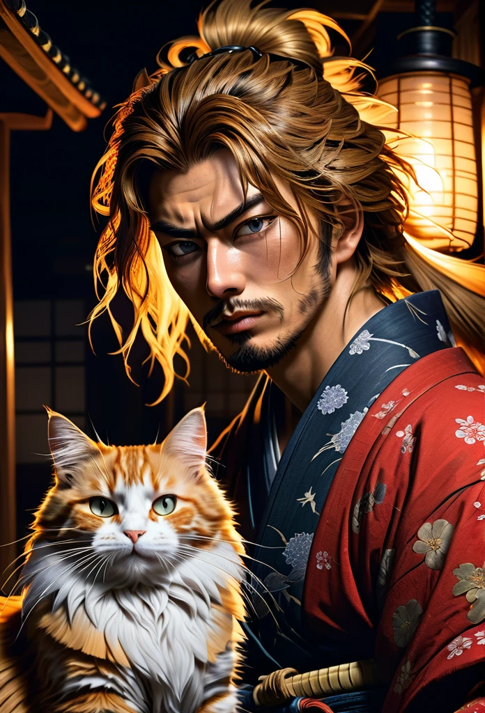 A Rogue samurai [Himura Kenshin:Takeru Satoh:0.1], detailed face, detailed hair, with a content face, sharpens his katana sword, beside him is big ginger mainecoon cat with beautiful fur, watch him with full caution, they both in a traditional Edo Era peasant house, insanely intricate detailed scene background, night lighting with lampions and torch, realistic style, best quality, masterpiece, ultrasharp focus, ultrahigh resolution, 8k