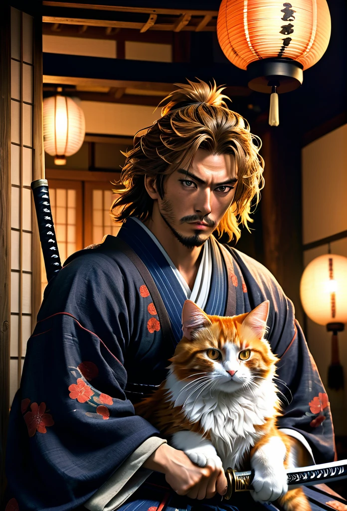 A Rogue samurai [Himura Kenshin:Takeru Satoh:0.1], detailed face, detailed hair, with a content face, sharpens his katana sword, beside him is big ginger mainecoon cat with beautiful fur, watch him with full caution, they both in a traditional Edo Era peasant house, insanely intricate detailed scene background, night lighting with lampions and torch, realistic style, best quality, masterpiece, ultrasharp focus, ultrahigh resolution, 8k