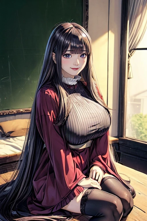 ((Heavy and fluffy bangs:1.6)),(((Longer, heavy, Fluffier side locks:1.1))), (((Very long black hair, Extra-long black hair:1.1)))Straight bangs hairstyle, Round Face，Bangs, Long hair呆、Bangs cut straight, (((whole body, Thighs Thighs Thighs Thighs))),(On the table, best quality, high quality:1.4), Professional artwork, Intricate details, Field of view, Clear focus, Detailed, On the table, light, Popular on Pixiv, (充满活力的light, Vibrant colors, author：Nagasawa Rose:1.05), Hiroko Takagi, (Mature women, :1.1), Solitary, (curve:1.1), Standing next to the blackboard, Take the chalk, Vulgar Room, (whole body shot:1.1),Long hair, Lipstick, cosmetic, Ultra-fine hair, Ultra-fine face, (Purple Eyes:1.05), Perfect eyes, Perfect face, earrings, (confuse, blush:1.2), shirt, jacket, (Black over-the-knee stockings, Garter belt:1.1), Absolutely great opportunity, Pencil Skirt, , High heel, (Large Breasts:1.1), (((Full and soft breasts,)))(((Huge breasts))) (((Cleavage))), Big Ass, Thighs Thighs Thighs Thighs,