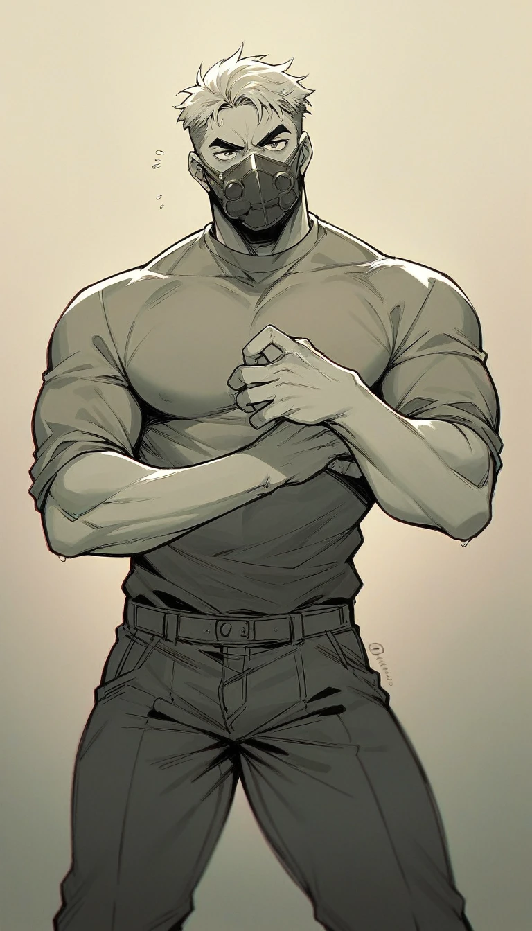 Male character in imposing pose ,who makes his presence known and is powerful and wears a mask and is strong without exaggerating