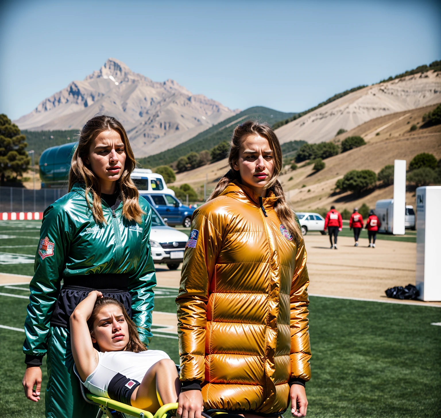 There is a man lying on a stretcher with his hands crossed over his face, a man in a t-shirt and sports shorts has crossed his hands over his face, the man has an agonised face under his hands, two longhaired and ponytailed women that are wearing very shiny coats, there are longhaired women wearing laquered puffy coats, longhaired women are walking in wetlook puffy coats, several women walking around a football field with an injured athlete on a stretcher, the injured athlete on the stretcher covers his face with both hands, the women look very worried, behind the women there is a frightening atmosphere, there is heavy rainfall in the background, video still, behind the scenes, Malika Favre, screenshot, footage, 4 0 9 6, cover photo, aesthetic shot, dramatic mood, intense scene, There is a man lying on a stretcher with his hands crossed over his face, a man in a t-shirt and sports shorts has crossed his hands over his face, the man has an agonised face under his hands, two longhaired and ponytailed women that are wearing very shiny coats, there are longhaired women wearing laquered puffy coats, longhaired women are walking in wetlook puffy coats, several women walking around a football field with an injured athlete on a stretcher, the injured athlete on the stretcher covers his face with both hands, the women look very worried
