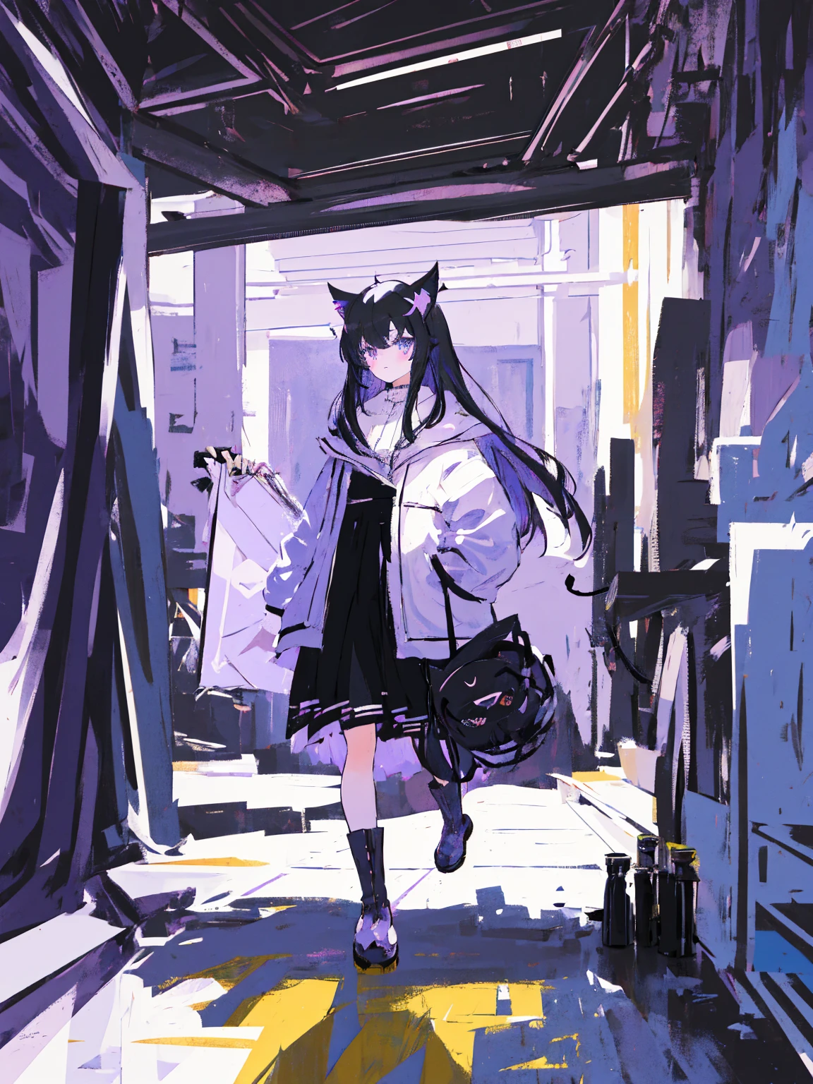 full body, character sheet, costume design sheet, thick outline, thick painting, Girl, 18 years old, black hair, demon horns, cat ears,modern fashion, punk design sense, white coat, decorated fringe, black and white and purple color scheme,, anime, pixiv, intricate design,del