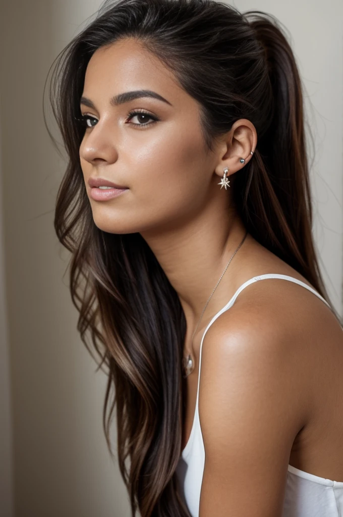 Photographie naturelle de profil pour instagram ;une belle fille colombienne, de 22 ans, long cheveux. Avec un tatouage et un piercing au nombril.
