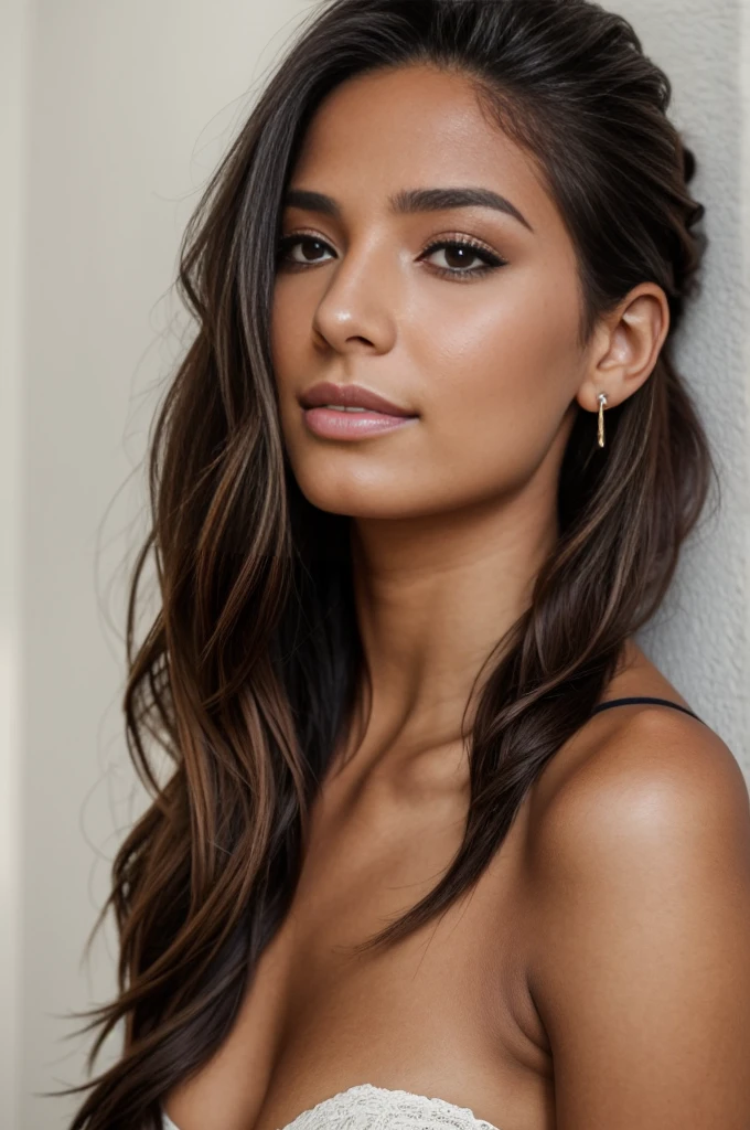 Photographie naturelle de profil pour instagram ;une belle fille colombienne, de 22 ans, long cheveux. Avec un tatouage et un piercing au nombril.