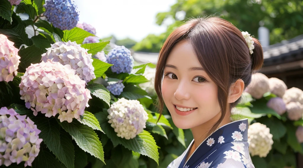 Generate a beautiful woman with chestnut hair wearing a yukata. The background features hydrangea flowers. Focus on the upper body with a smiling expression.