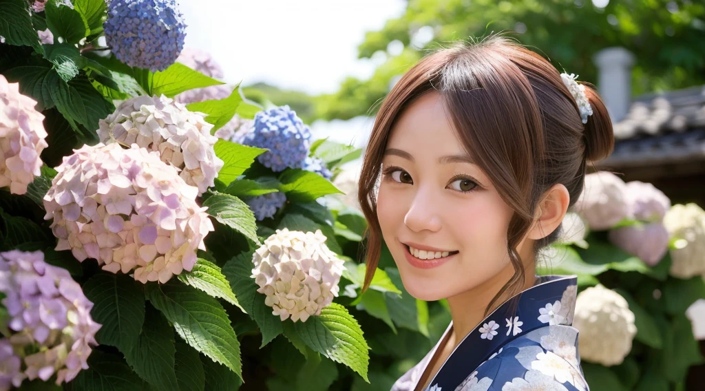 Generate a beautiful woman with chestnut hair wearing a yukata. The background features hydrangea flowers. Focus on the upper body with a smiling expression.
