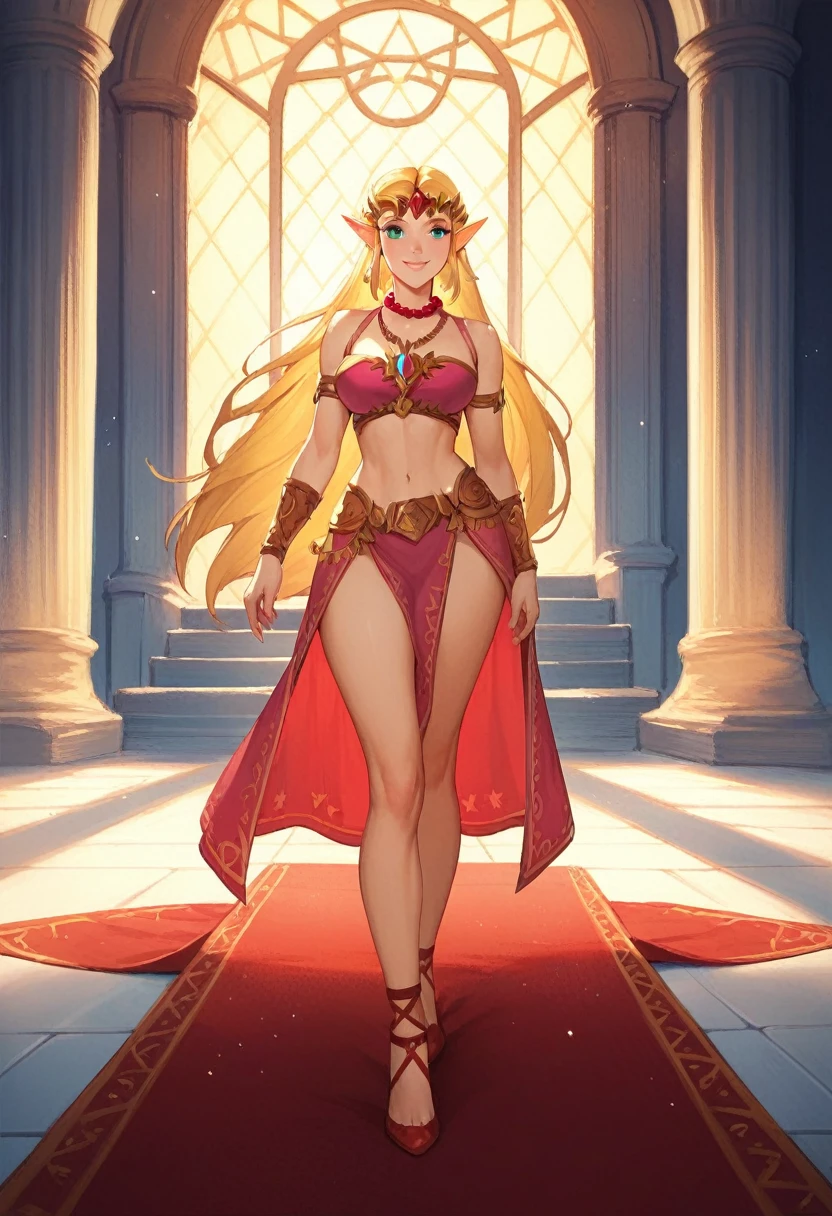 Princess Zelda, in a gorgeous castle, standing gracefully, ((red carpet on the floor)), soft smile