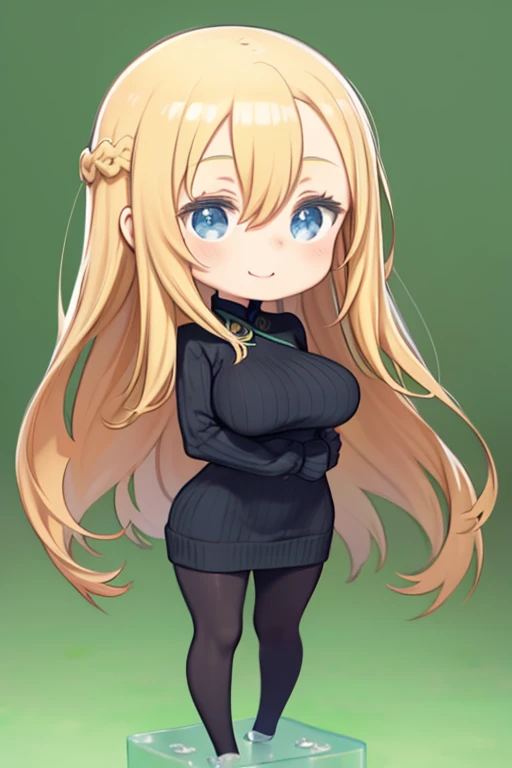 Front view、One Girl、Simple Background、(Chibi Character、Nendoroid、Big Head、Big eyes)、Long blonde、Blue Eyes、Hair between the eyes、Green Turtleneck Sweater、Big Breasts、Huge breasts、upright、Are standing、Head to toe diagram、Clear contours、Beautiful Eyes、Full body view、Detailed facial depiction、Stand with your feet apart、Smiling、