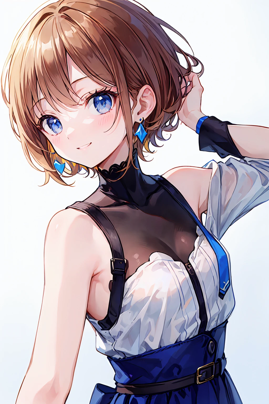 (Highest quality), (Ssuperiorer detailed), (Best illustrations), (masterpiece), score_9, score_8_superior, score_7_superior, masterpiece, 4K,
(woman), put your hands in your hair, (Small breasts:1.2), {Brown Hair, (Sideburns), (Bobcut:1.3), Curly Hair, Inner hair color}, {(Fine grain), blue eyes}, Captivating smile, blush, Earrings, White Background