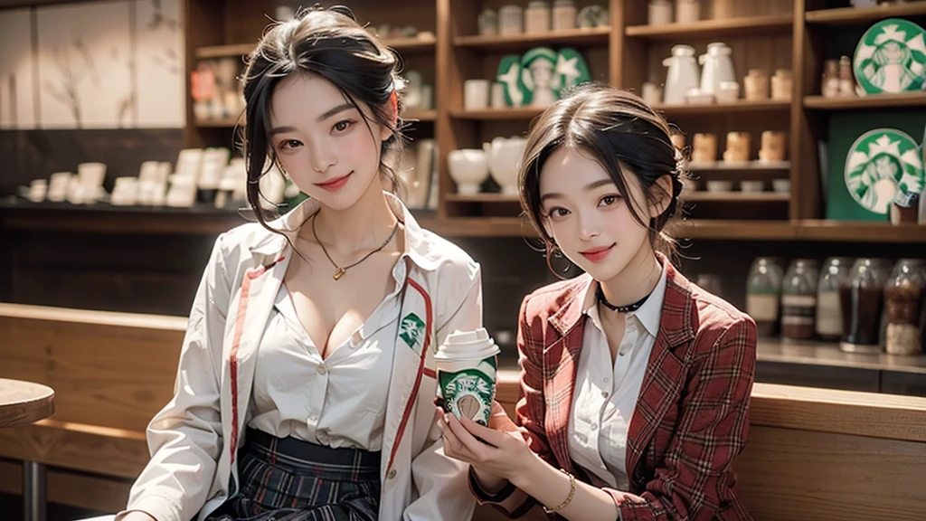 8K、RAW Photos、Highest quality、Super detailed、Super Resolution、Ultra HD、8K壁紙、Amazing details blazer uniform girl ((White blouse with formal collar, A nice red blazer, Black plaid skirt, Red checkered ribbon on blouse)), Complete limbs, Full Finger,
((((Inside the Starbucks store))))、 female student、((E、Drink coffee、smile))、Heart Necklace、Gold bracelet
((Emphasize cleavage))