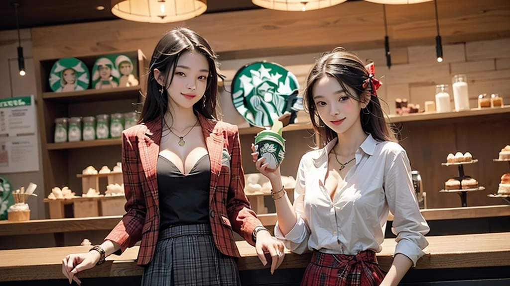 8K、RAW Photos、Highest quality、Super detailed、Super Resolution、Ultra HD、8K壁紙、Amazing details blazer uniform girl ((White blouse with formal collar, A nice red blazer, Black plaid skirt, Red checkered ribbon on blouse)), Complete limbs, Full Finger, 
((((Inside the Starbucks store))))、16 year old female student、((Eat cake、Drink coffee、smile))、Heart Necklace、Gold bracelet
((Emphasize cleavage))
