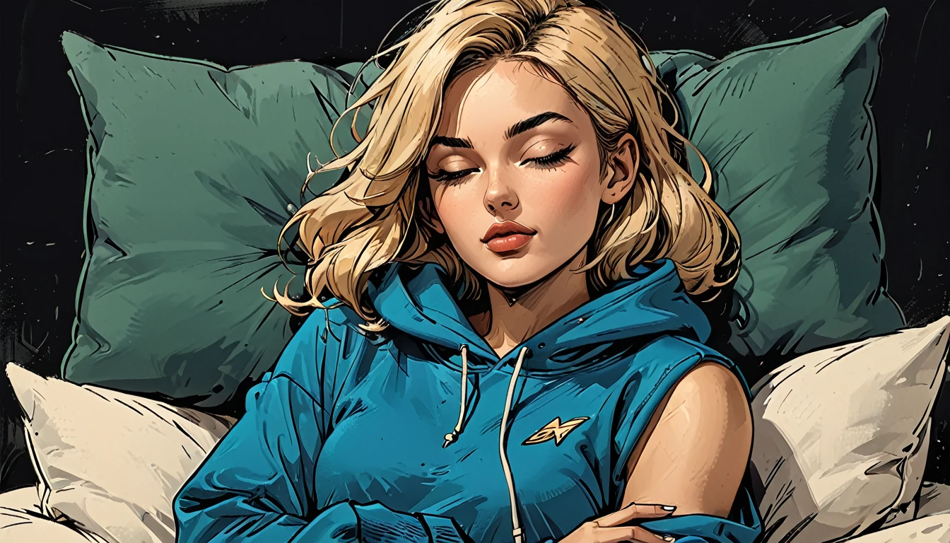 girl sleeping, girl lies with ((eyes closed)) in (Blue oversized hoodie) and black Elastic shorts at sofa at dark green office, adult, [Nordic], Hourglass elongated fitness body, perfect Olive skin, Oval Face, Long neck, Rounded shoulders, perfect hand, Attached Pointed ears, round forehead, Short blonde Waves pixie hair, snub nose, Arched eyebrows, High Round Narrow cheekbones, Dimpled Cheeks, Rounded Chin, Rounded Jawline, Full nude Lips, Nude Makeup Look, long eyelashes, graphic style of novel comics, 2d, 8k, hyperrealism, masterpiece, high resolution, best quality, ultra-detailed, super realistic, Hyperrealistic art, high-quality, ultra high res, highest detailed, lot of details, Extremely high-resolution details, incredibly lifelike, colourful, soft cinematic light,