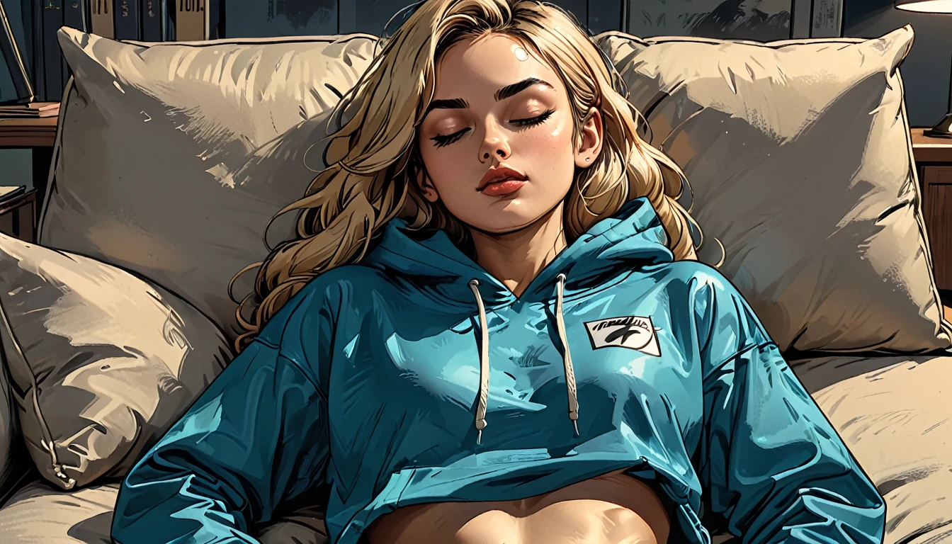 girl sleeping, girl lies with ((eyes closed)) in (Blue oversized hoodie) and black Elastic shorts at sofa at dark green office, adult, [Nordic], Hourglass elongated fitness body, perfect Olive skin, Oval Face, Long neck, Rounded shoulders, perfect hand, Attached Pointed ears, round forehead, Short blonde Waves pixie hair, snub nose, Arched eyebrows, High Round Narrow cheekbones, Dimpled Cheeks, Rounded Chin, Rounded Jawline, Full nude Lips, Nude Makeup Look, long eyelashes, graphic style of novel comics, 2d, 8k, hyperrealism, masterpiece, high resolution, best quality, ultra-detailed, super realistic, Hyperrealistic art, high-quality, ultra high res, highest detailed, lot of details, Extremely high-resolution details, incredibly lifelike, colourful, soft cinematic light,