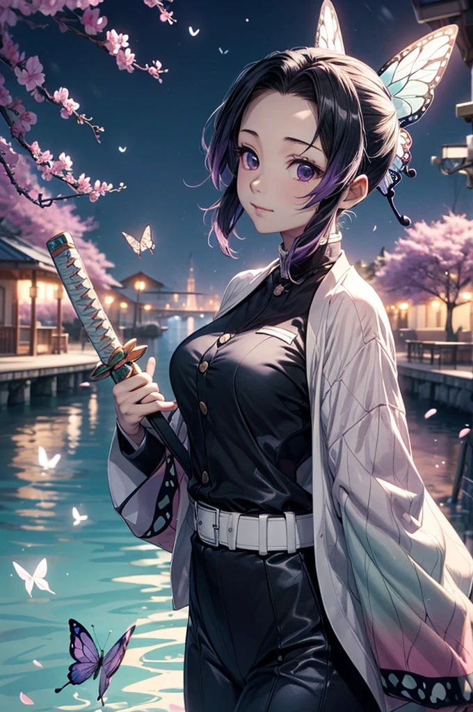 Highly detailed and high resolution masterpiece by Shinobu Kocho, Beautiful yet terrifying dynamic action from the Demon Slayer Corps. There were some butterflies in her voyeur., Highlight the intricate details of the butterfly-themed costume and the intense expressions on the face. Set the scene at dusk, A calm lake and cherry blossom petals in the background. Using rich colors and three-dimensional light、Expressing mysterious beauty and strength。.
