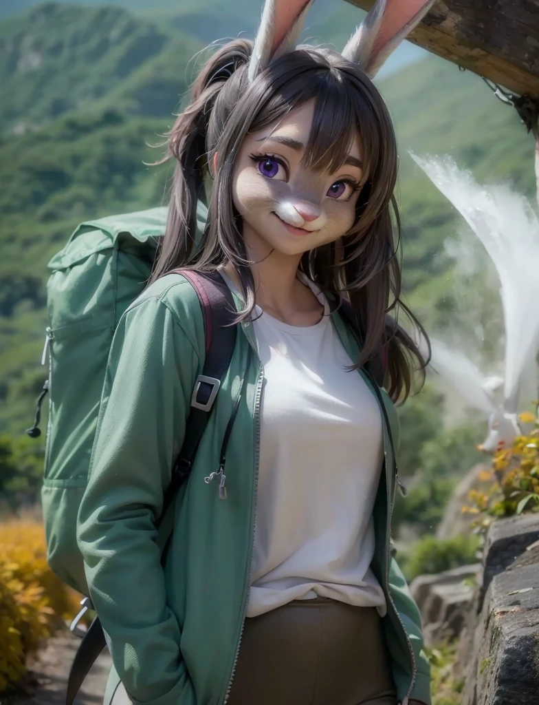 Highest quality,
masterpiece,
Ultra-realistic,
Super detailed,
Beautiful details,
4K，8K，upper,
pixar,
Photo realistic,
Medium Shot,
Background is ((Magnificent mountain)),
Realistic lighting,
hiking woman, 

((Anthropomorphic rabbit)),
Detailed animals,
Complex patterns,
(Furry:1.35),
(All skin is grey:1.3),
(The body is fluffy and bushy:1.1),
Realistic fur,

Human hand,

(Judy Hopps face:1.35),
((ponytail hair)),
((side part bangs)), bangs,
((dark gray hair color)),
Purple eyes,
{Eye highlights, Clear eyes, Eyes sparkling, Large, round pupils},
Detailed Iris, 
(Eyebrows raised:1.2),
(Crescent eyebrows:1.3),
(Bunny ears:1.3),
Smiling happily,
raised corners of mouth,

The woman is wearing T-shirt over the check shirt and shorts,
((White T-shirt)) BREAK ((gingham check shirt)) BREAK ((wine red Trekking Shorts)),
carry a backpack, rucksack,

(alone:1.5),
(1 Female:1.5),
Only 1 character,
Perfect ???????,

Lighting forward,
Lighting front,
sunlight, 
Intricate details, 
Ray Tracing, 
Realistic, 
