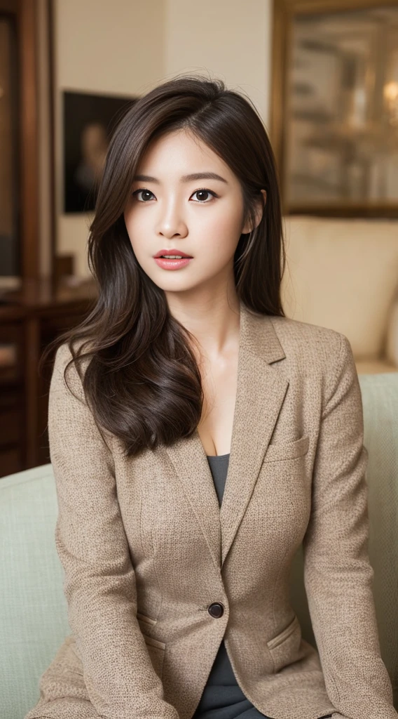 ((Highest quality、8k、masterpiece:1.3))、((Sales Lady:1.3))、Sharp Focus:1.2、(Beautiful Japanese Actresses:1.4)、round face、(Beautiful woman with perfect style:1.4)、((High-class drawing room:1.2))、((Description on sale:1.2))、23 year old、(Insurance Shop:1.2)、((Brown medium hair、Big boobs:1.2))、(neat suit:1.4)、(Sit on the sofa:1.2)、((Name 2[;\s :1.4))、Highly detailed face and skin texture、Gentle expression、Detailed Eye、double eyelid、((The background is quite blurred..4))、