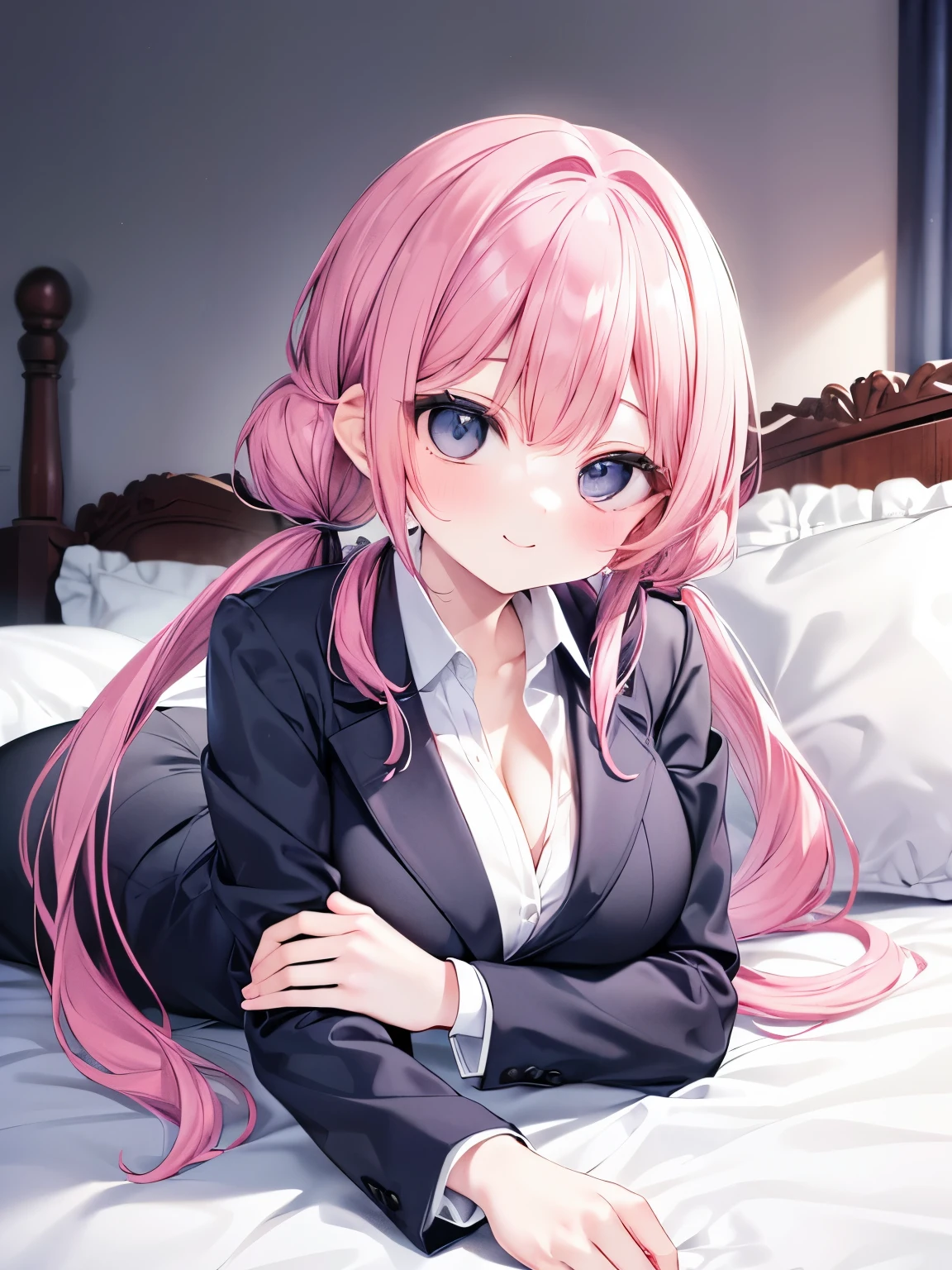 Best Quality,Beautiful Eyes,Very cute face,Beautiful Anime Girl,(Solo Girl),(gigantic breasts),(large breasts),(huge breasts),(big breasts),(mega breasts),(Pink hair),(low twintails:1.4),(Light blue eyes),Very happy smile,BREAK,(Black business suit,Black suit jacket,White shirt,Black suit pants,Covered breasts,Open jacket),(Lying face up on the bed,Full Body:1.5)