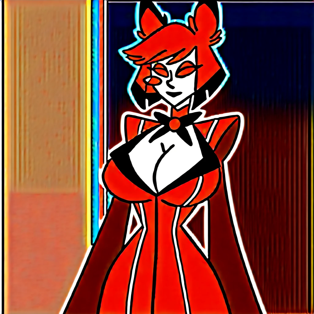 alastor, solo, 1girl, standing, (huge breasts:1.5), grey skin, red suit, monocle, BREAK score_9, score_8_up, score_7_up, score_6_up, screencap, (((caustic on body)))