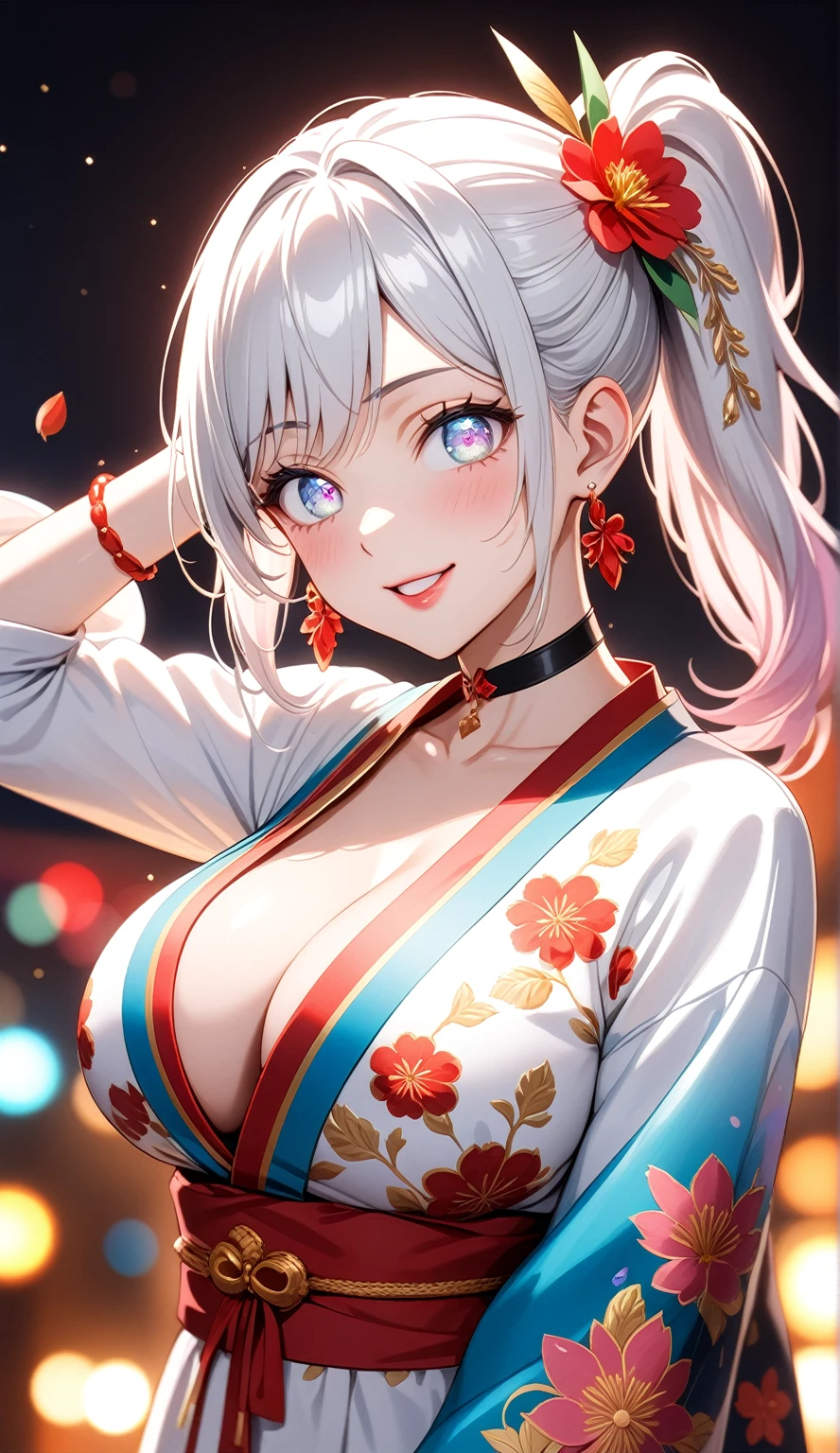(One personの女性)), Beautiful Face, ((seductive smile)), ((Wink:2.0)), (Put your hands behind your head:1.5), Laugh with your mouth wide open,((Bright red cheeks:1.4)),Shiny red lips, night,rooftop,Festivals, firework,Glossy red lips,Facial lighting,((Anime style background)),masterpiece, Highest quality, so beautiful,up to date, Complex details, (Pink long nails), (ring),(bracelet),(choker),AI-generated, Complex,High resolution, Highest quality, super high quality,3D Images、3D Images,One person,Long white hair in a high side ponytail,(blue eyes), ((Fine grain、Silvery white colorful eyes、Shining Eyes:1.4)), (Squint your eyes:1.1), 写真のポーズをとるAnime Women, a hyperRealistic , hyperRealistic , Realistic,Anime Women, Smooth anime CG art, A woman in a colorful kimono with gold embroidery, (Black long sleeve kimono), Red floral pattern,Long flower hair ornament,Earrings,Mature Body,(Big Breasts:1.1),Tall,Narrow waist,(Zoom in on face:1.1),