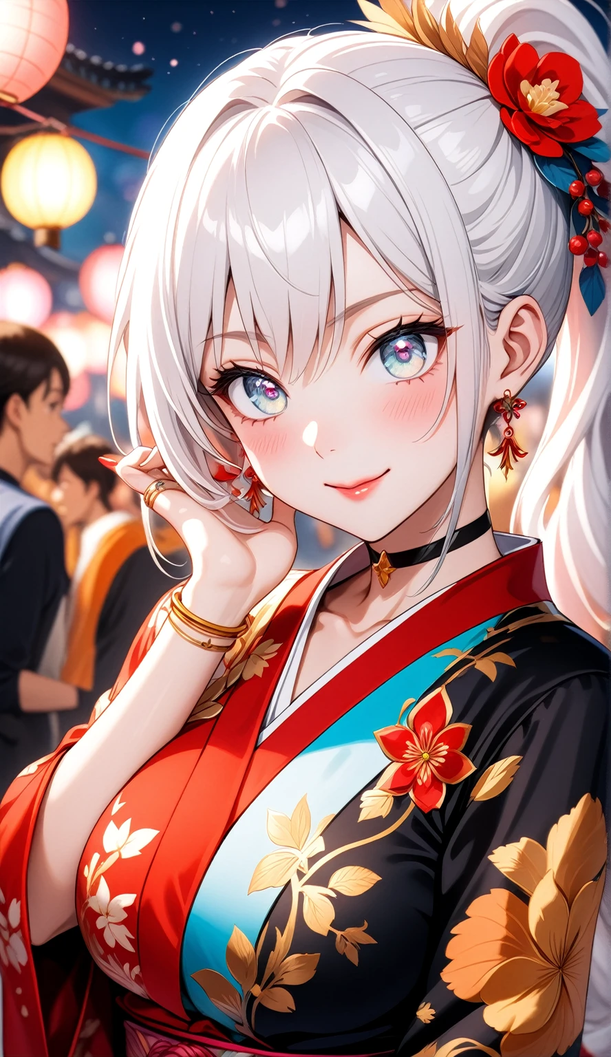 (One personの女性)), Beautiful Face, ((seductive smile)), ((Wink:2.0)), (Put your hands behind your head:1.5), Laugh with your mouth wide open,((Bright red cheeks:1.4)),Shiny red lips, night,rooftop,Festivals, firework,Glossy red lips,Facial lighting,((Anime style background)),masterpiece, Highest quality, so beautiful,up to date, Complex details, (Pink long nails), (ring),(bracelet),(choker),AI-generated, Complex,High resolution, Highest quality, super high quality,3D Images、3D Images,One person,Long white hair in a high side ponytail,(blue eyes),  ((Fine grain、Silvery white colorful eyes、Shining Eyes:1.4)), (Squint your eyes:1.1), 写真のポーズをとるAnime Women, a hyperRealistic , hyperRealistic , Realistic,Anime Women, Smooth anime CG art, A woman in a colorful kimono with gold embroidery, (Black long sleeve kimono),  Red floral pattern,Long flower hair ornament,Earrings,Mature Body,(Big Breasts:1.1),Tall,Narrow waist,(Zoom in on face:1.1),