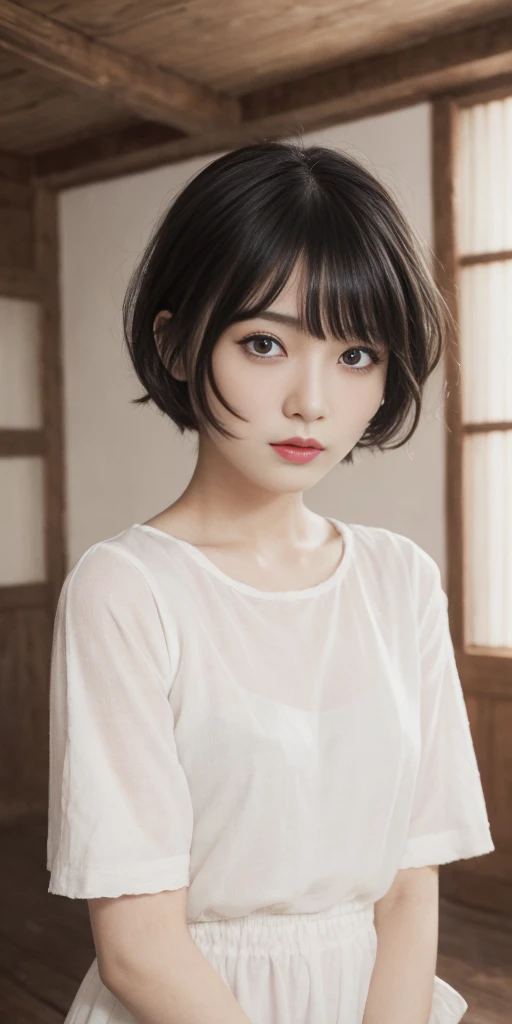 High resolution, masterpiece, Ruka Sarashina, short hair, black hair, (solo), 1girl, cute, interior, detailed eyes, (black eyes)