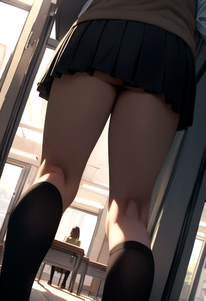 Older sister, white ponytail, black ribbon, , short skirt, wearing long black stockings in school
