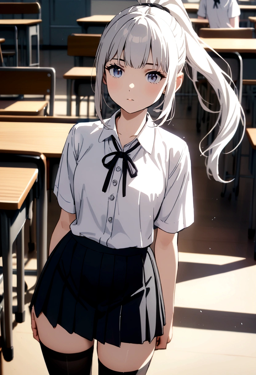 Older sister, white ponytail, black ribbon, , short skirt, wearing long black stockings in school