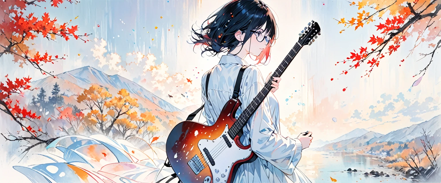 A painting by mse《Woman wearing glasses》,author:agnes cecile, Luminous design, Soft colors, Ink drops, Autumn Lights, Holding Guitar, Accorstic guitar, Back view