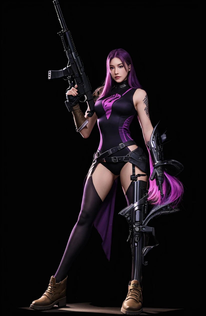 Japanese girl, psyloke, purple hair, long hair, scar on face, smile on face, katana on back, leather suit, staring.