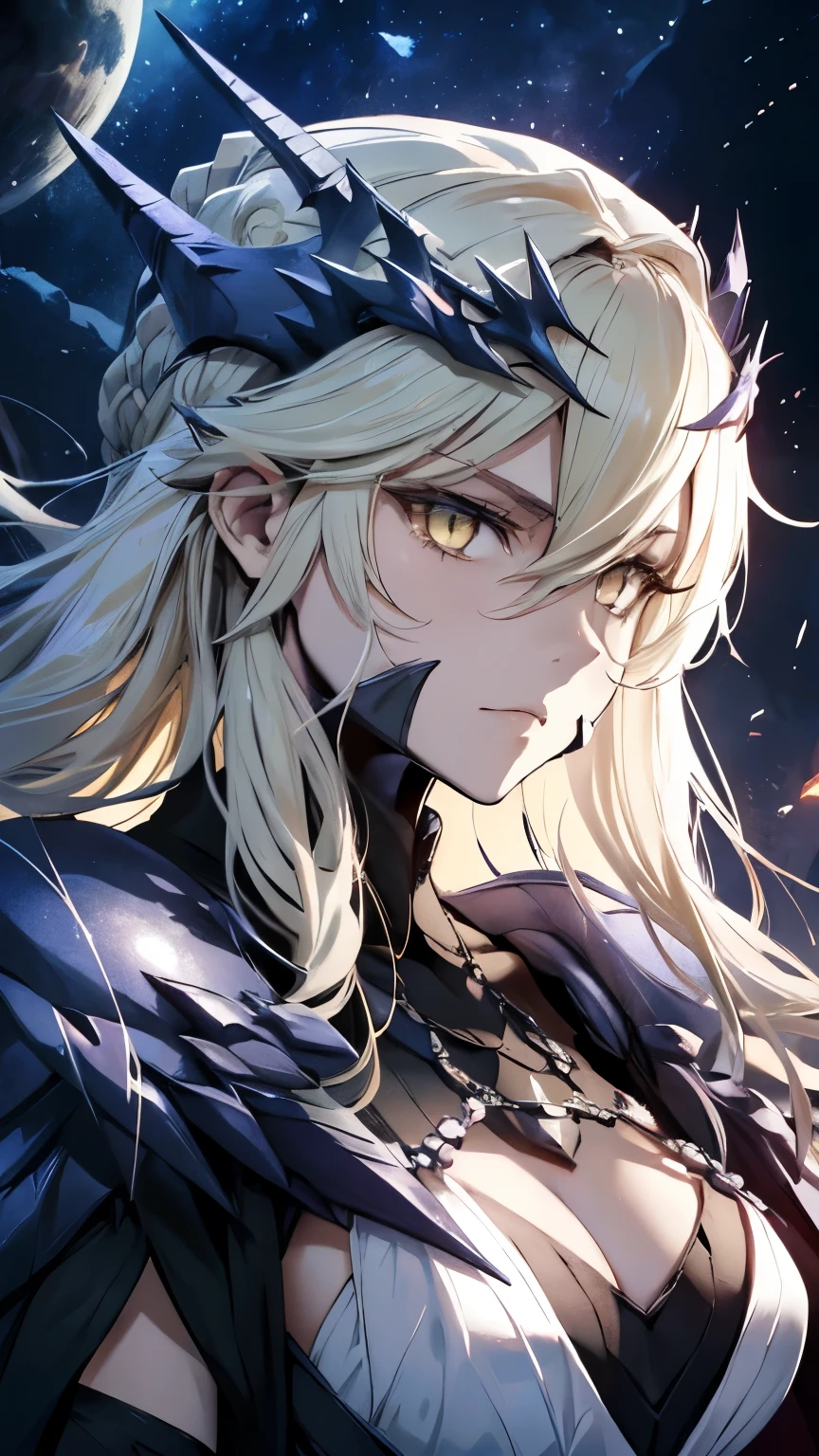 alone, (Highest quality,High resolution:1.2),Detailed upper body,Dark and mysterious,Artoria Pendragon from Fate/Grand Order, lancer alter,Glowing yellow eyes,Flowing Hair,armor,Crown of Thorns,Moonlight Background,Dramatic lighting,Divine Aura, Artorias, dark black and red armor