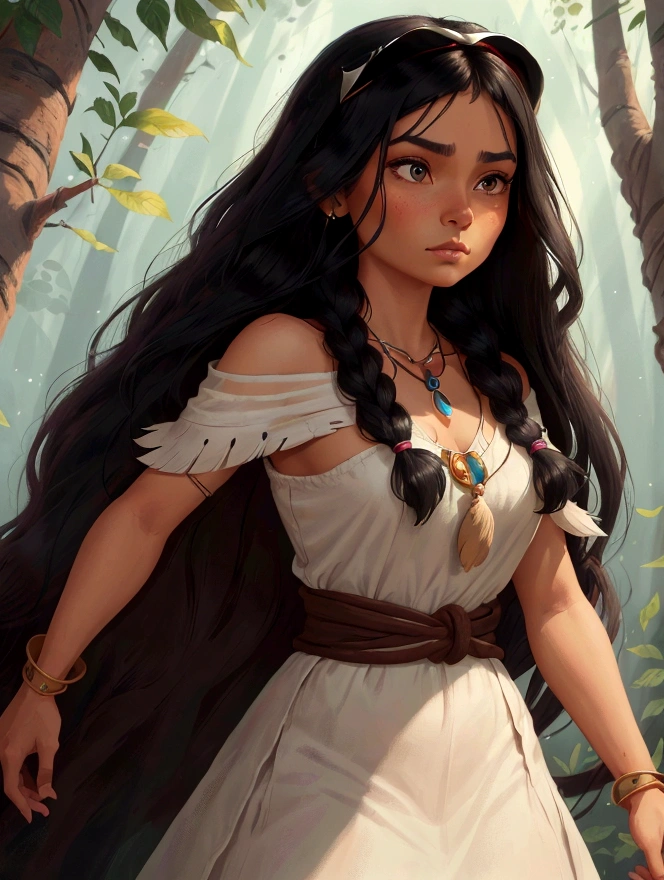 Create a close-up portrait in 4K resolution of Pocahontas from Disney's Pocahontas with a blank background. The portrait should capture her iconic features: her long, flowing black hair, her deep, expressive dark eyes, and her strong, serene expression. Pocahontas should be wearing her traditional one-shoulder fringed dress, with a simple necklace. The background should be completely blank (white or a solid color) to keep the focus on Pocahontas. The lighting should be soft and natural, highlighting her beauty and inner strength without any distractions.