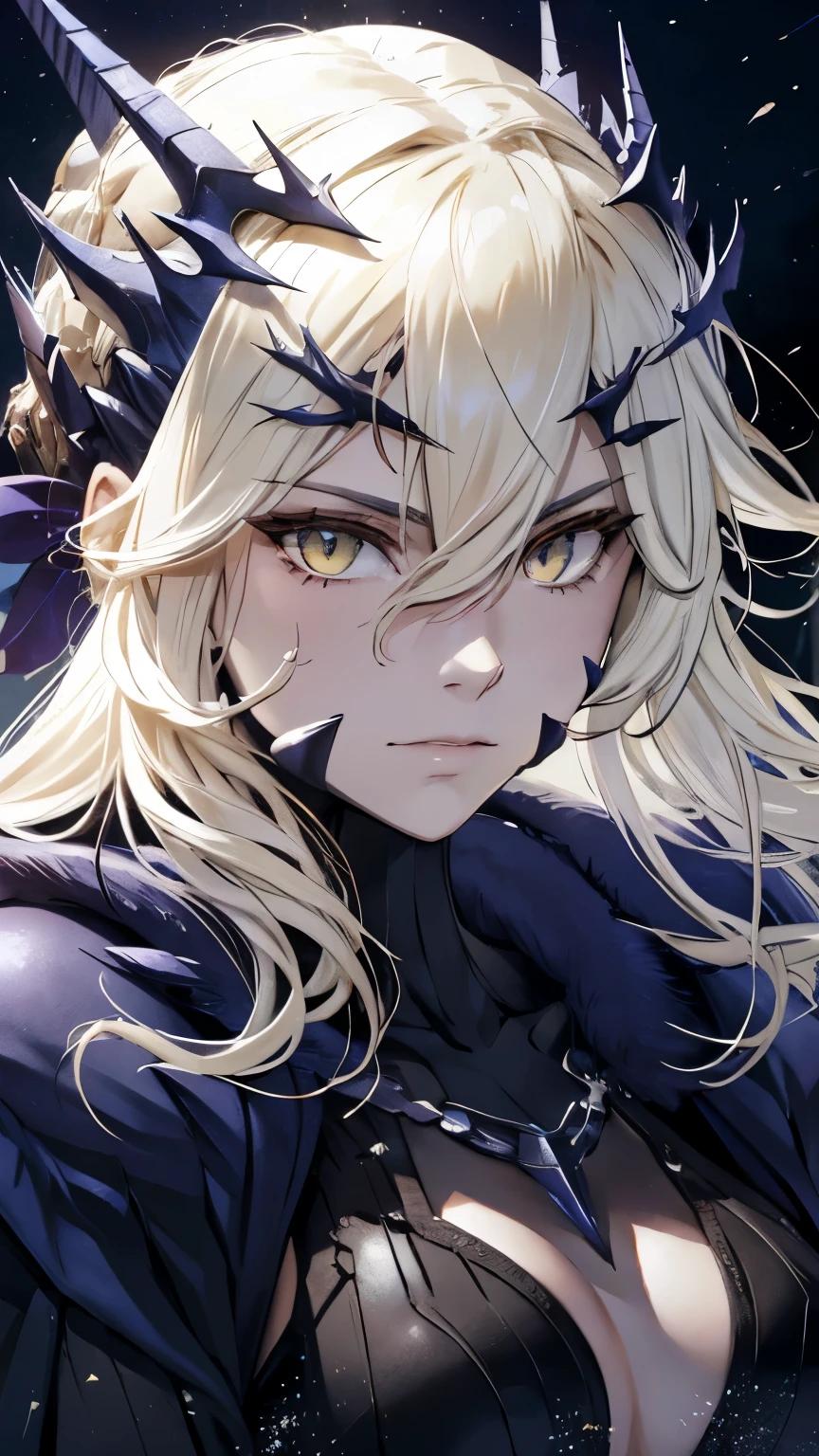 alone, (Highest quality,High resolution:1.2),Detailed upper body,Dark and mysterious,Artoria Pendragon from Fate/Grand Order, lancer alter,Glowing yellow eyes,Flowing Hair,armor,Crown of Thorns,Moonlight Background,Dramatic lighting,Divine Aura, Artorias, dark black and red armor