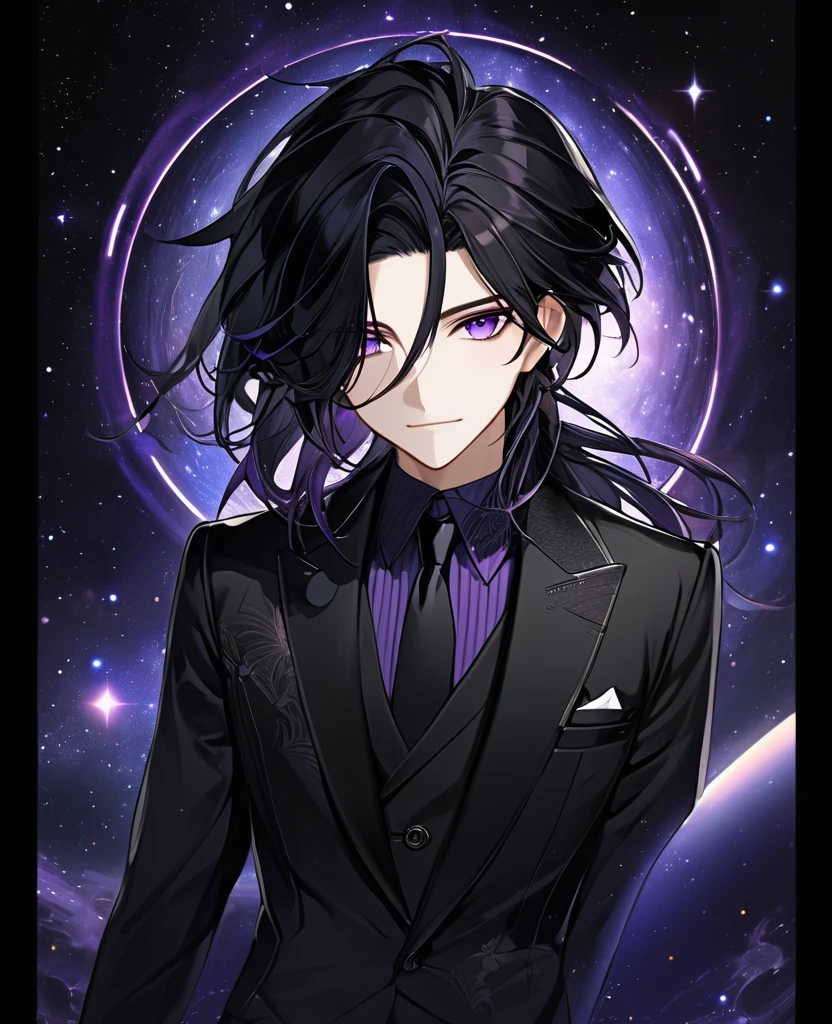 (black_hair), (dark_purple_eyes), (detailed_eyes), (attractive), (emotionless), (Deep_space_background), (male), (wearing _a_black_suit), (long_male_hair), (detailed_Hair), (detailed), (detailed_mouth),