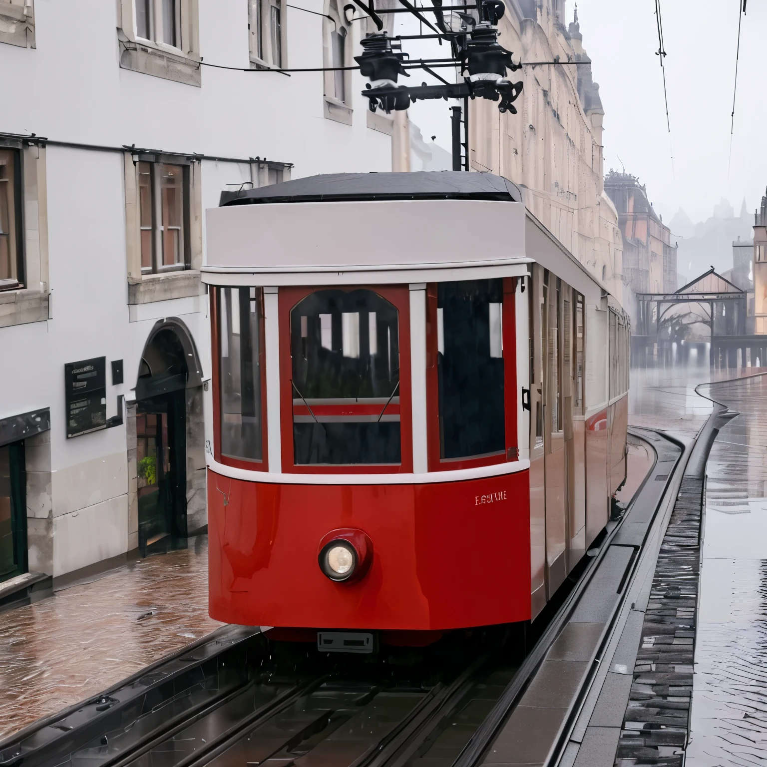 best quality,4K,8K,high resolution,masterpiece,Extremely detailed,Red tram,Wet ground after rain,European architecture,Stone road