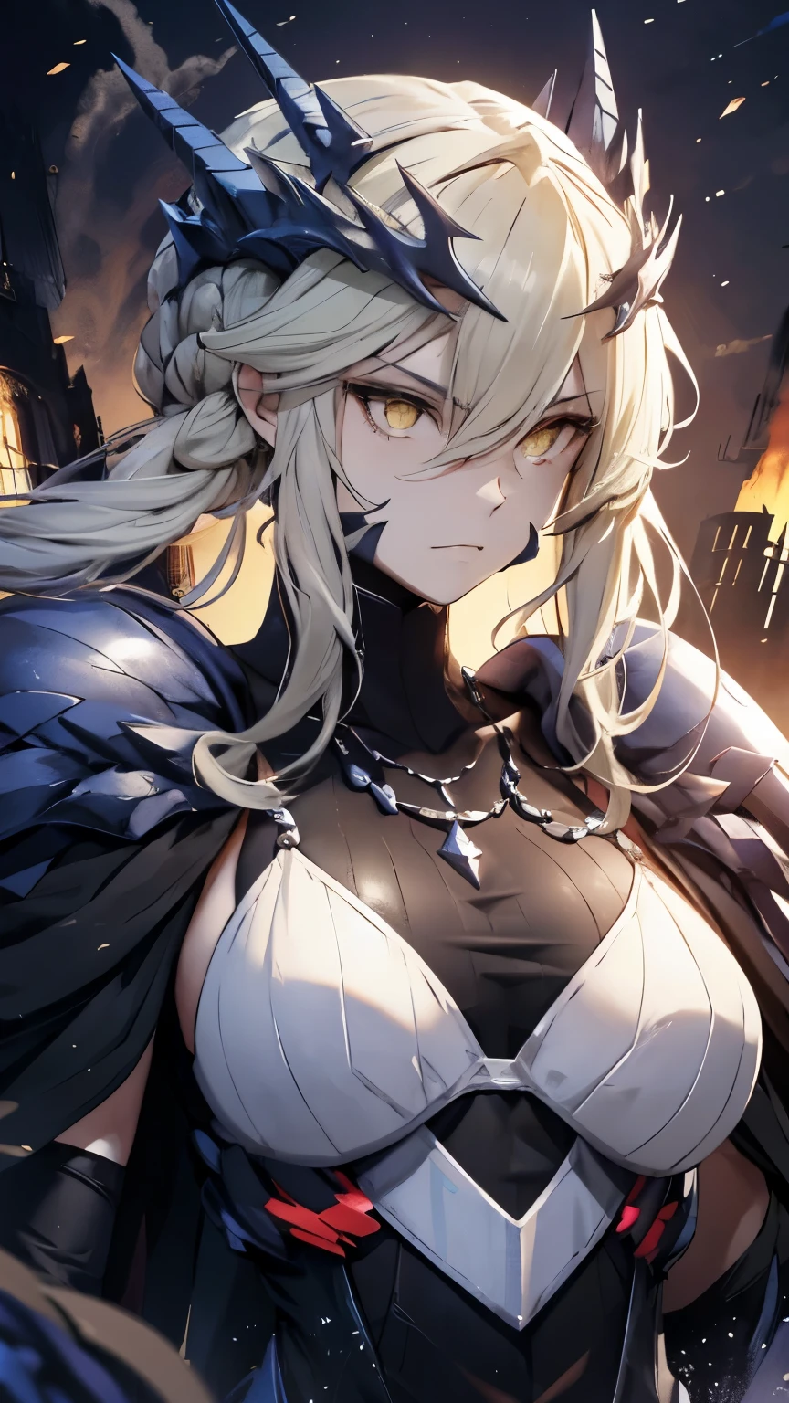 alone, (Highest quality,High resolution:1.2),Detailed upper body,Dark and mysterious,Artoria Pendragon from Fate/Grand Order, lancer alter,Glowing yellow eyes,Flowing Hair,armor,Crown of Thorns,Moonlight Background,Dramatic lighting,Divine Aura, Artorias, dark black and red armor