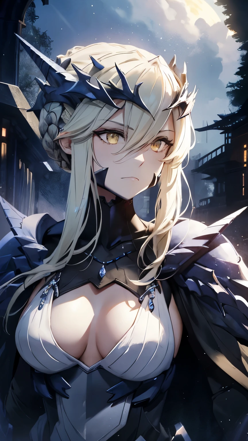 alone, (Highest quality,High resolution:1.2),Detailed upper body,Dark and mysterious,Artoria Pendragon from Fate/Grand Order, lancer alter,Glowing yellow eyes,Flowing Hair,armor,Crown of Thorns,Moonlight Background,Dramatic lighting,Divine Aura, Artorias, dark black and red armor