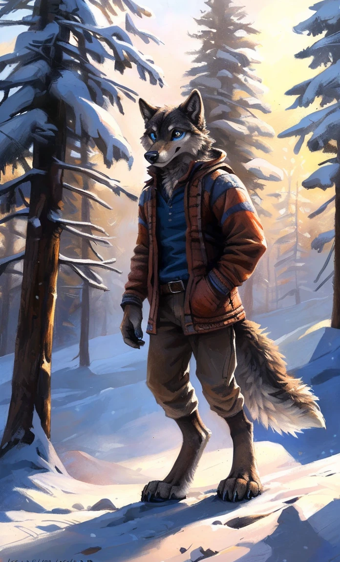 ((Solo)), male people, anthro wolf, (Multi-colored fur, White-brown:1.3,White tail pointed), (Height 2.1m,Tail length 1.2m), ((Wolf face, Big eyes, White eyelids, Blue pupil, Slim:1.2) (Tough, Calm expression:1.2)), Slim, pinging)), (Correct anatomy), (Winter clothing:1.1), The upper body naked, (detailed outfits),A long big tail,Feet,(Realistic fur, Detailed fur texture, labeled:1.3)), (Natural lighting), Photorealistic, Hyperrealistic, ultradetailed, by Kenket,Snowfield,erect through,Running on