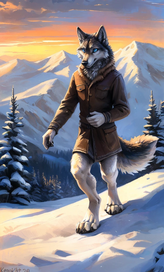 ((Solo)), male people, anthro wolf, (Multi-colored fur, White-brown:1.3，White tail pointed), (Height 2.1m,Tail length 1.2m), ((Wolf face, Big eyes, White eyelids, Blue pupil, Slim:1.2) (Tough, Calm expression:1.2)), Slim, pinging)), (Correct anatomy), (Winter clothing:1.1), The upper body  naked, (detailed outfits),A long big tail，Feet，(Realistic fur, Detailed fur texture, labeled:1.3)), (Natural lighting), Photorealistic, Hyperrealistic, ultradetailed, by Kenket，Snowfield，erect through，Running on