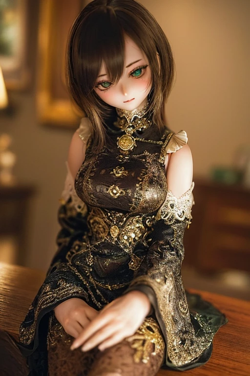 photorealistic, realistic photo, ((highest quality)), ((masterpiece)), (extremely detailed), kukolnydom, doll, (mature woman:1.6), solo, ((cowboy shot)), sitting on desk, arms on sides, green eyes, (looking down, blank eyes, empty eyes, detailed eyes:1.3), light smile, dress, museum, 8k