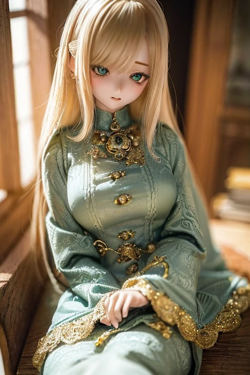 ((highest quality)), ((masterpiece)), (extremely detailed), kukolnydom, doll, (mature woman:1.6), solo, ((eye level shot)), sitting on sofa, green eyes, (looking down, blank eyes:1.3), light smile, dress, castle, 8k