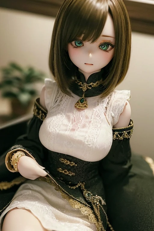 photorealistic, realistic photo, ((highest quality)), ((masterpiece)), (extremely detailed), kukolnydom, doll, (mature woman:1.6), solo, ((cowboy shot)), sitting on desk, arms on sides, green eyes, (looking down, blank eyes, empty eyes, detailed eyes:1.3), light smile, dress, museum, 8k