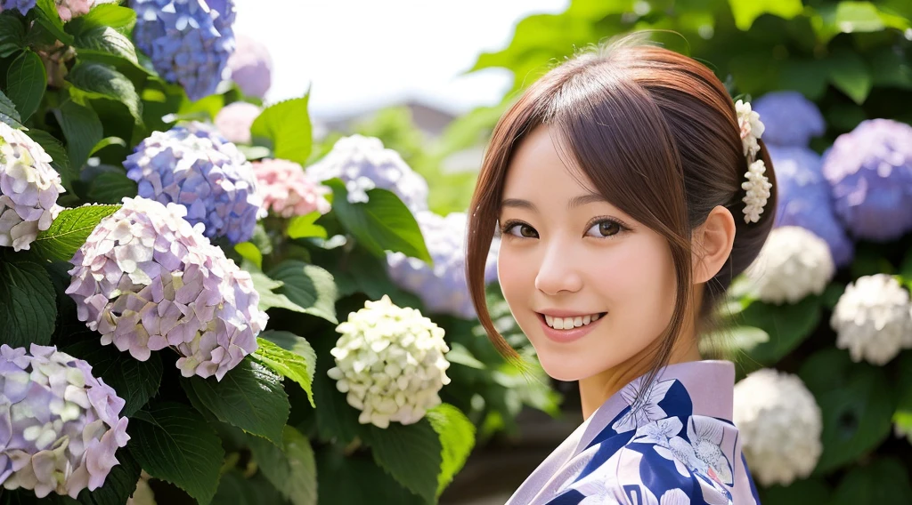 Generate a beautiful woman with chestnut hair wearing a yukata. The background features hydrangea flowers. Focus on the upper body with a smiling expression.