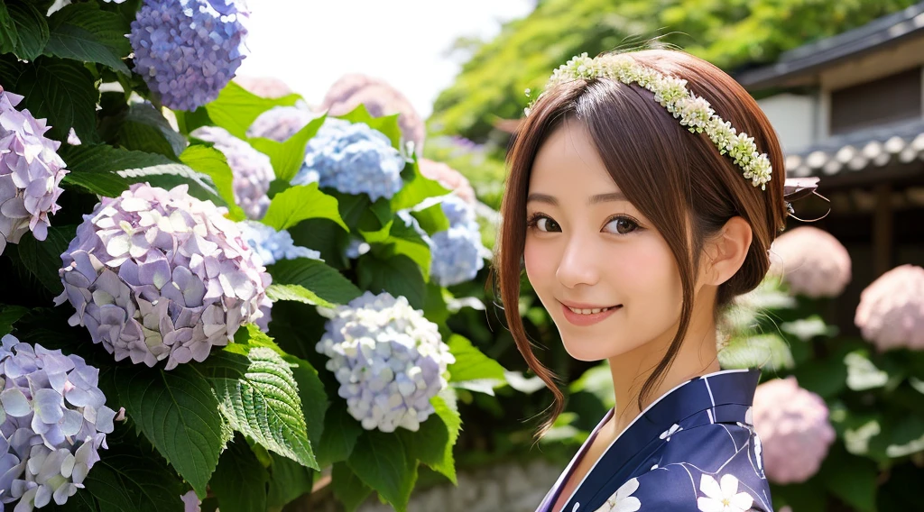 Generate a beautiful woman with chestnut hair wearing a yukata. The background features hydrangea flowers. Focus on the upper body with a smiling expression.