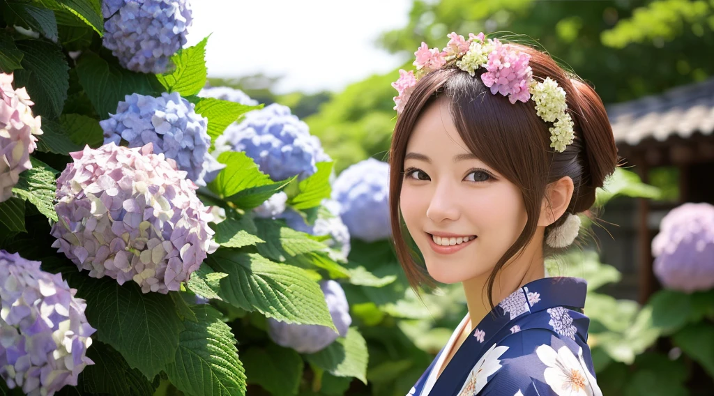 Generate a beautiful woman with chestnut hair wearing a yukata. The background features hydrangea flowers. Focus on the upper body with a smiling expression.