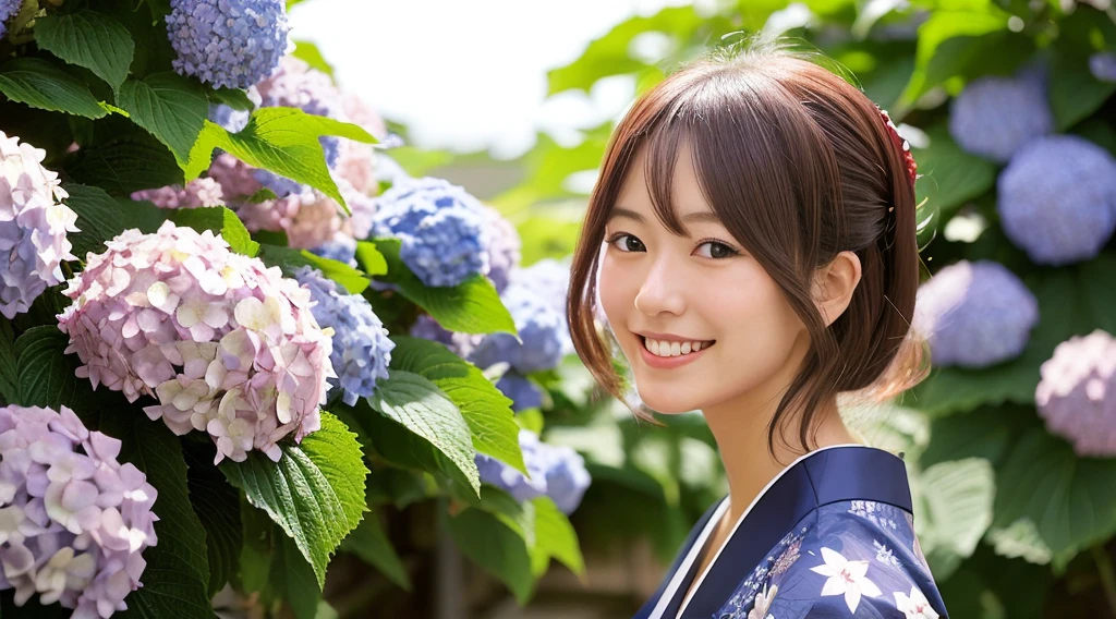 Generate a beautiful woman with chestnut hair wearing a yukata. The background features hydrangea flowers. Focus on the upper body with a smiling expression.
