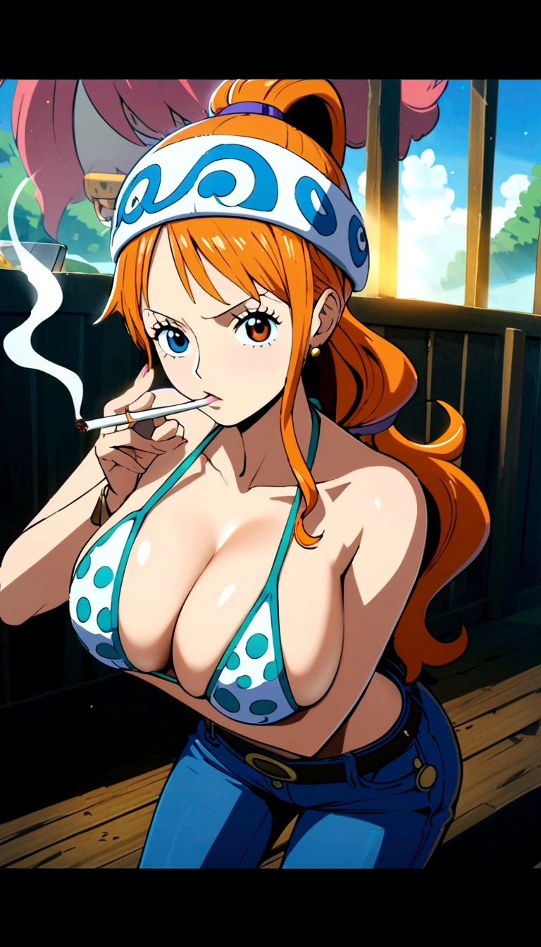 a cartoon picture of a woman in a bikini top and jeans, nami one piece, nami from one piece, nami, beautiful portrait of nami, from one piece, oppai, blue eyes, smoking, ponytail